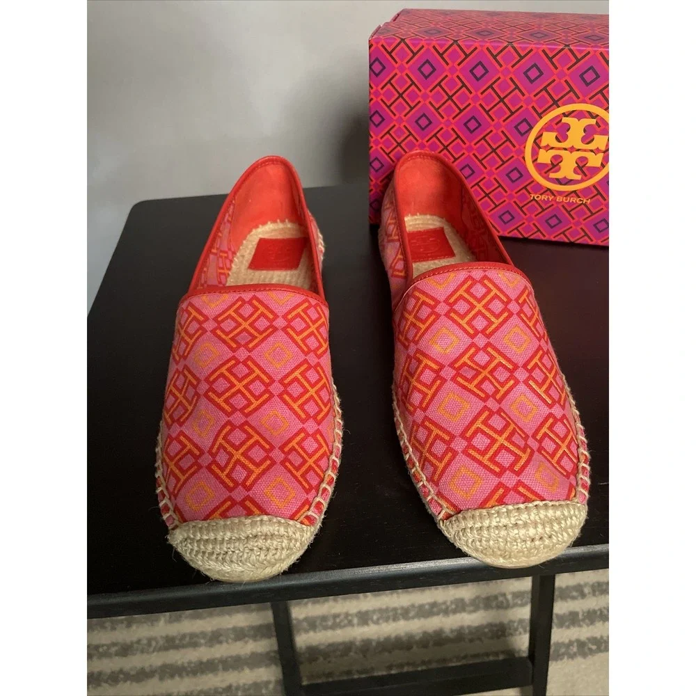 tory burch shoes espadrille Logo Pink Red Volcano Size 10.5 New With Box Flats